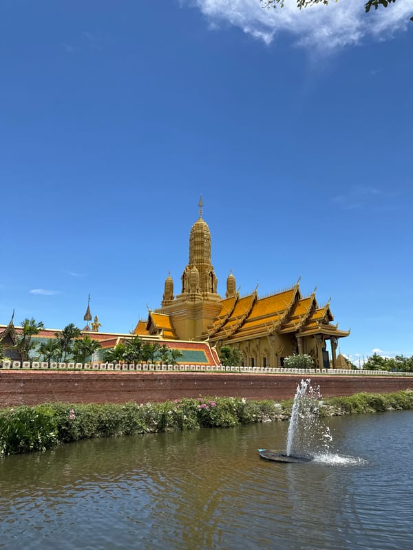 Golden Buddhist temple complex documented in Bang Pu, Thailand