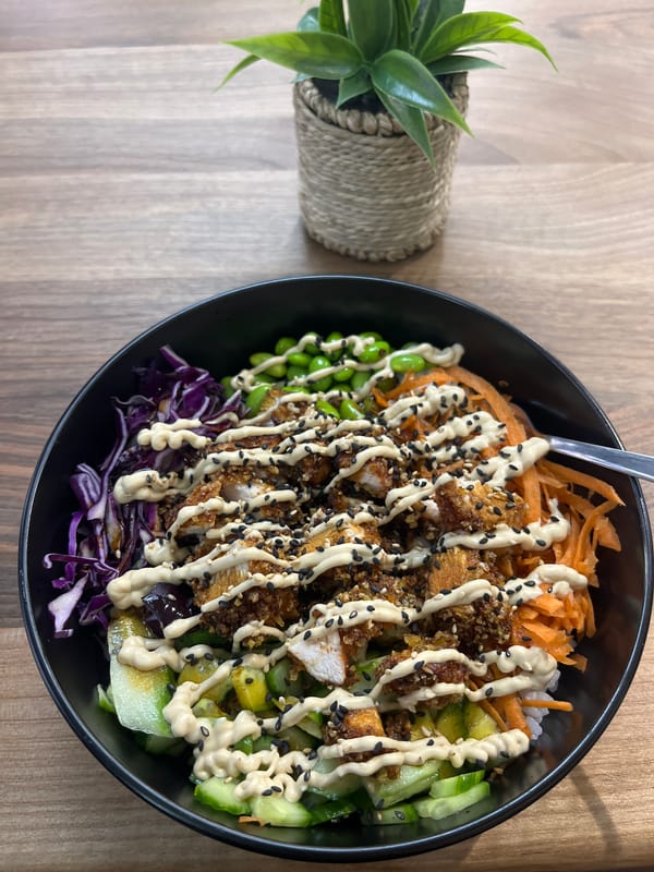 Poke bowl photographed from overhead in Plovdiv, Bulgaria