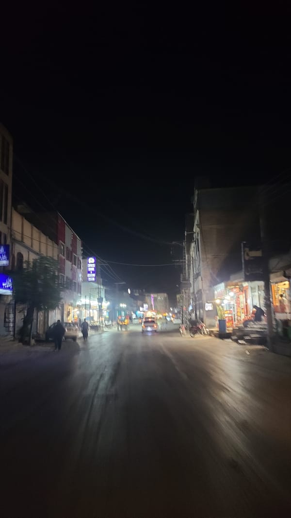 Evening street scene captured in Quetta commercial district
