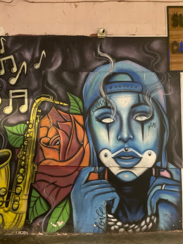 Street murals and mosaics mix styles on a single urban block