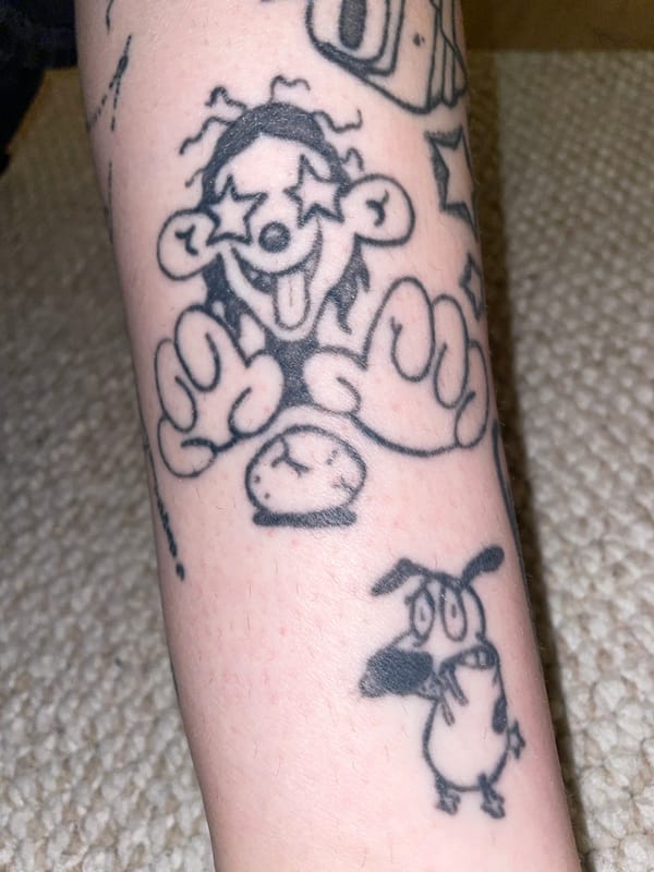 Black ink cartoon tattoos on a forearm, shot from multiple angles