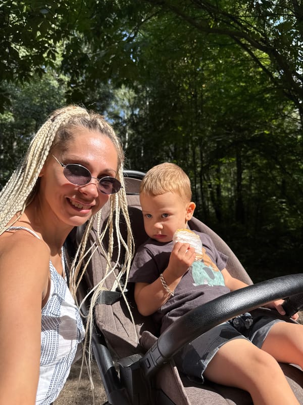 Sunny stroller outing through the forests of Rusanovo
