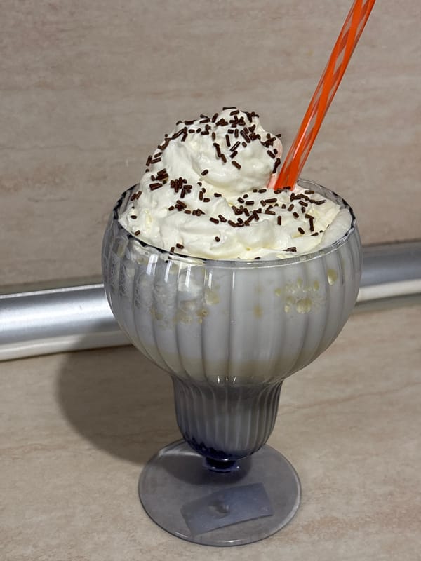 Milkshake with whipped cream and sprinkles documented