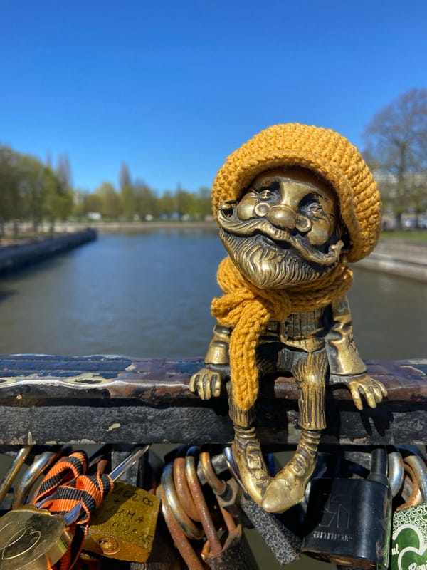 Kaliningrad's decorative gnome spotted on sunny waterfront bridge