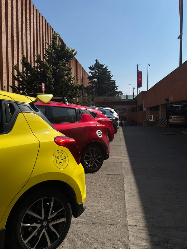 Cars parked along Mexico City street near stepped building