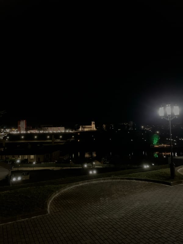 Nighttime scenes captured at Hrodna waterfront and Drama Theatre
