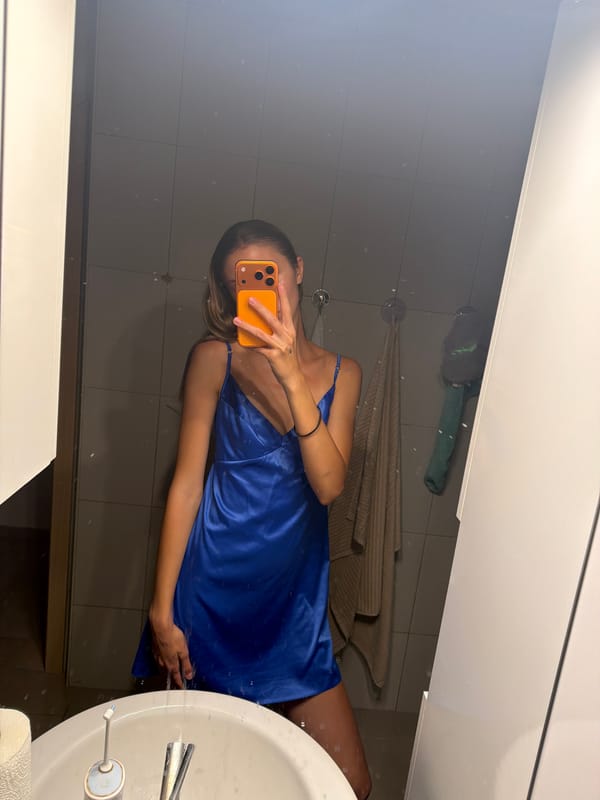 Mirror selfies in blue satin, bathroom and bedroom.