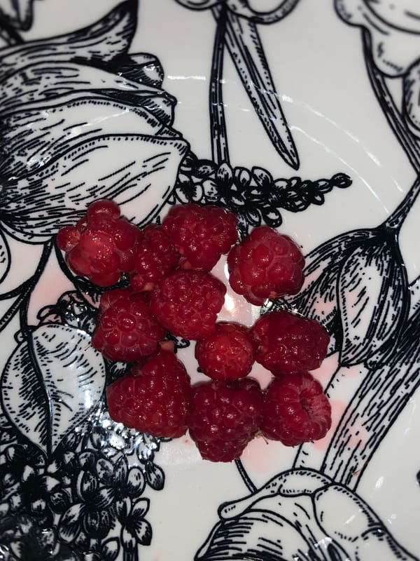 Raspberries and seedlings hint at a home growing setup