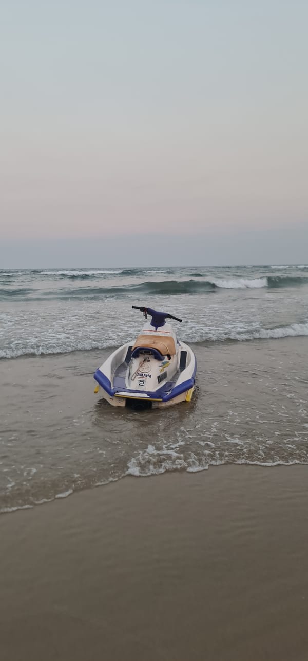 Personal watercraft beached on Đà Nẵng shore under overcast skies