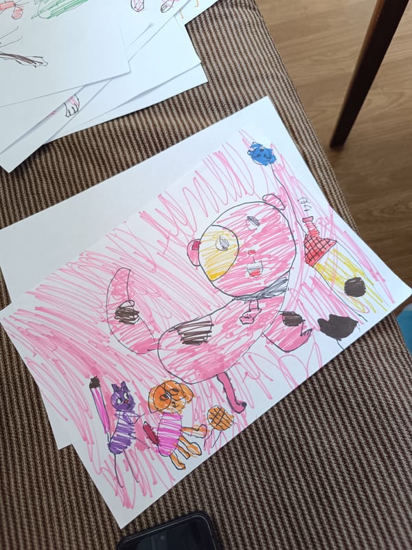 Children's artwork and everyday items documented over morning hours