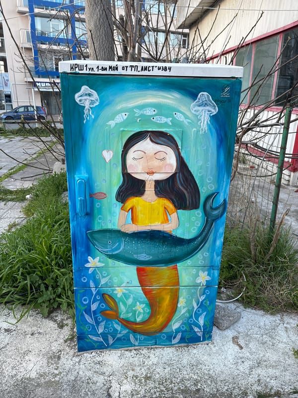 Painted utility box featuring woman artwork spotted in Sozopol