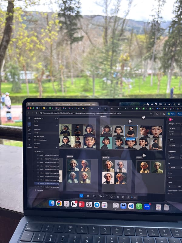 Designer works on Figma project outdoors in Tbilisi
