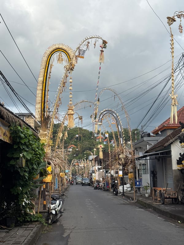 Elaborate ceremonial offerings line the streets of Manggis