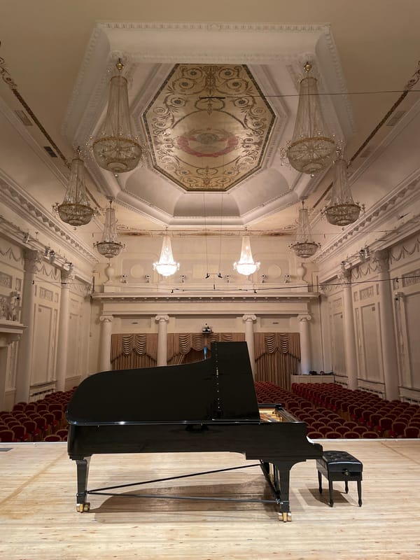 Grand piano documented in ornate Yekaterinburg concert hall