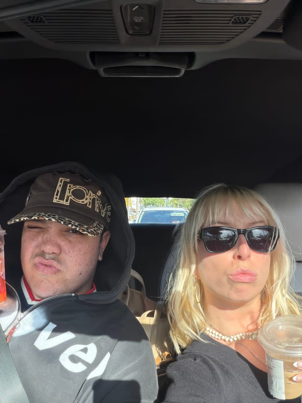 Two people photographed in car from above in West Hollywood