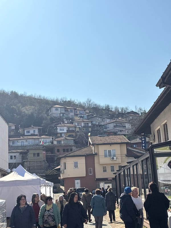 Crowd gathers on street in Lovech, Bulgaria