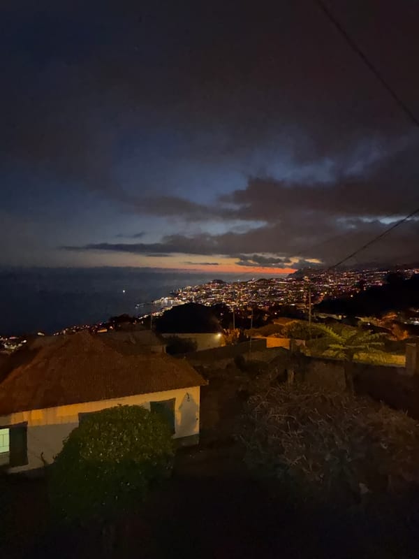 Nighttime views captured of illuminated Funchal cityscape from elevated positions