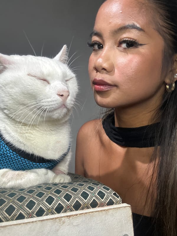 Woman poses with harnessed white cat in Jakarta selfie session