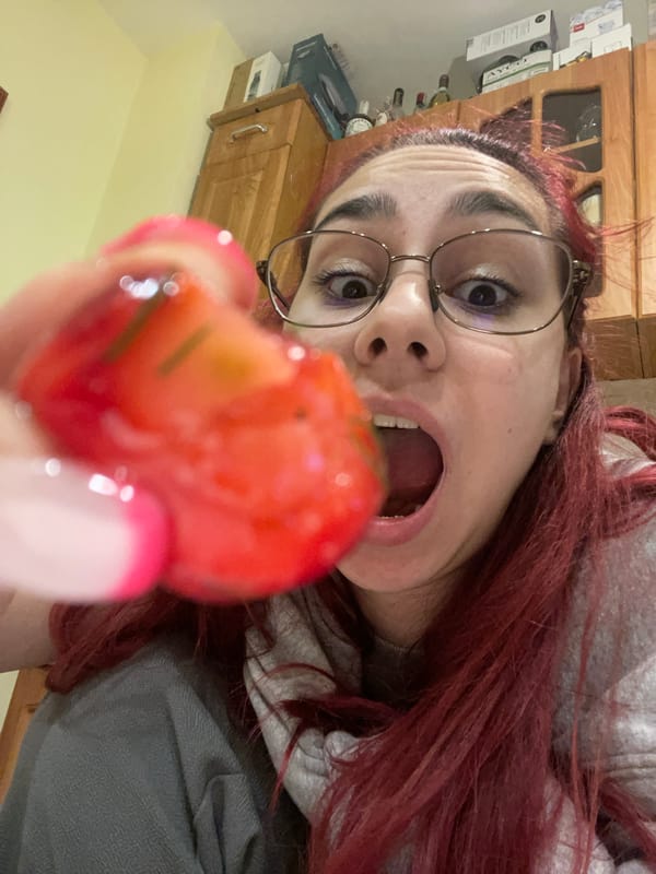 Woman enjoys fruit and pickled radishes in Pleven home