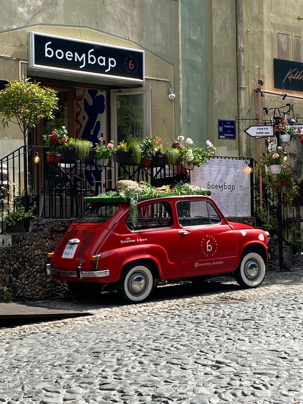 Flower-decorated vintage car spotted outside Belgrade's Skadarlija district bar