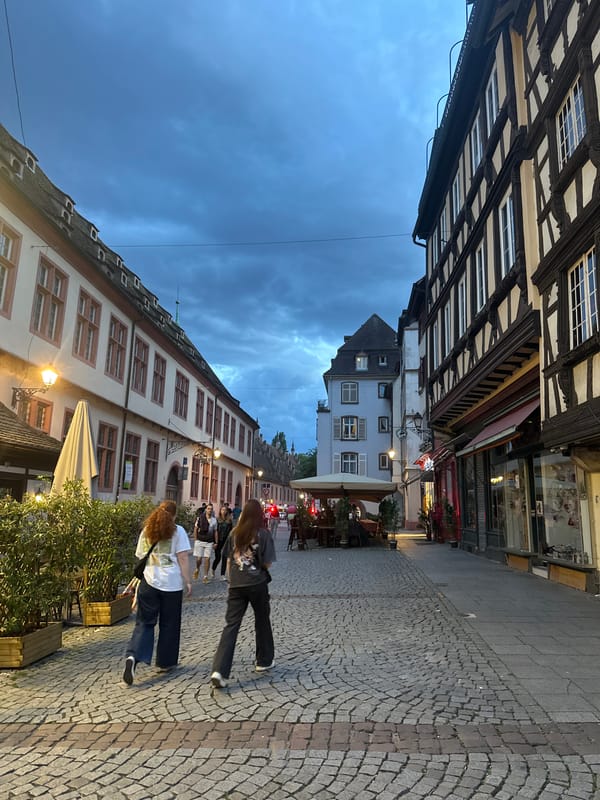 Evening stroll documented through historic Strasbourg's cobblestone streets