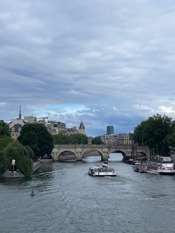 Seine River boat traffic observed near wrapped Pont Neuf bridge