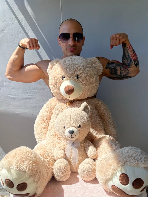 Teddy bears and a flex pose in Pleven, Bulgaria