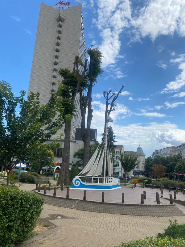 Afternoon stroll through Burgas city center, sculptures to side streets