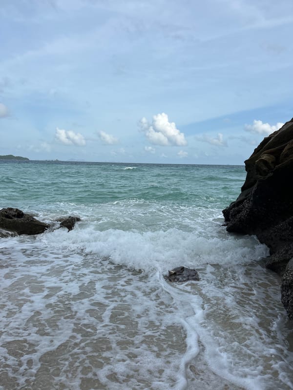 Rocky shoreline and breaking waves at Phru Nai, Thailand