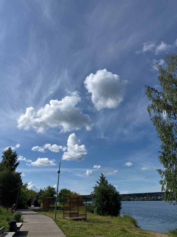Sunny summer morning at a lakeside park in Lysva, Russia