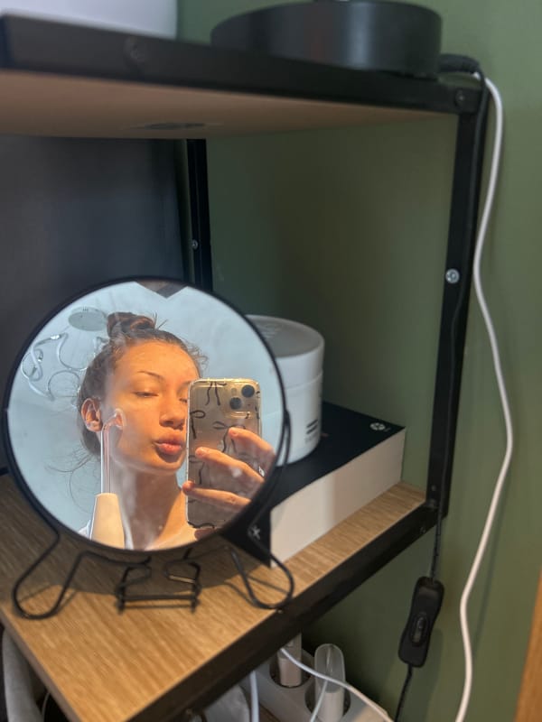 Woman documents morning skincare routine in Burgas mirror selfies