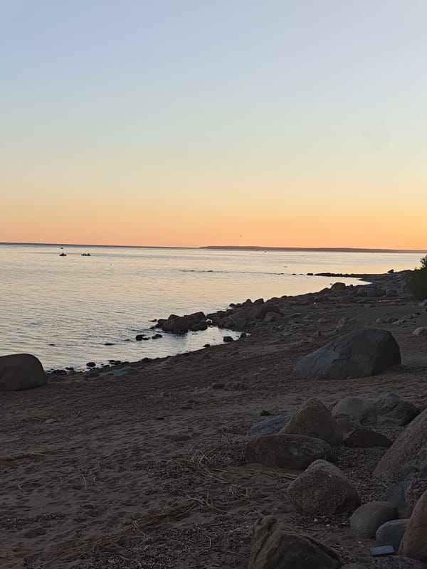 Dusk settles over a calm Gulf of Finland beach in Repino