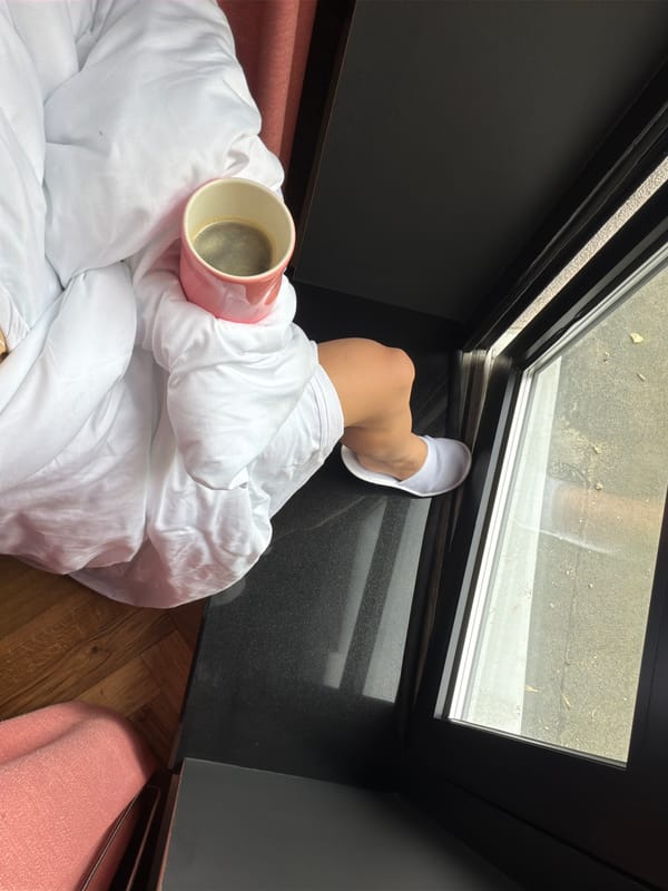 Morning routine documented across Moscow locations, coffee and rooftop moments