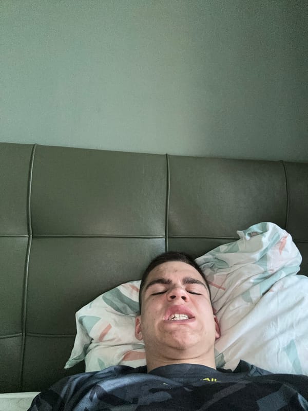Young man resting in bedroom captured across multiple angles