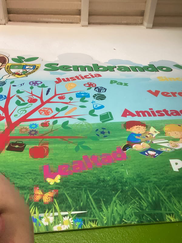 Educational wall displays photographed at school in Conuco Viejo, Venezuela