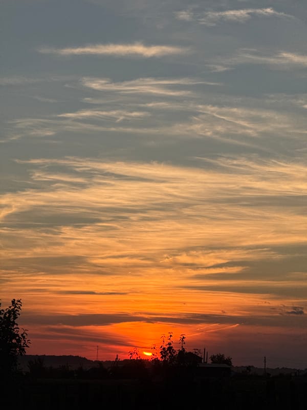 Rural sunset over a fenced field, vivid colors at dusk