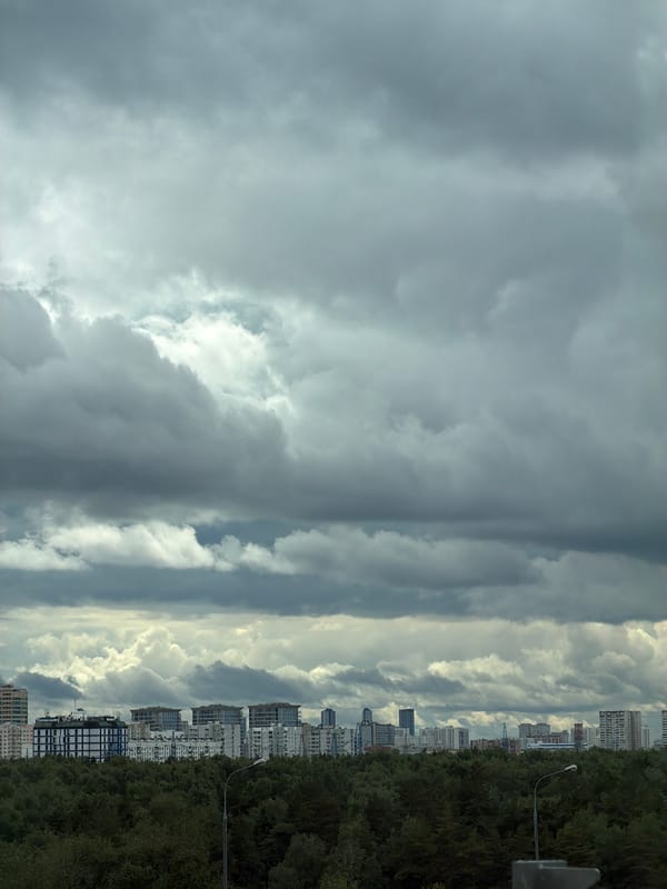 Storm clouds gathering over Moscow's tree-lined skyline