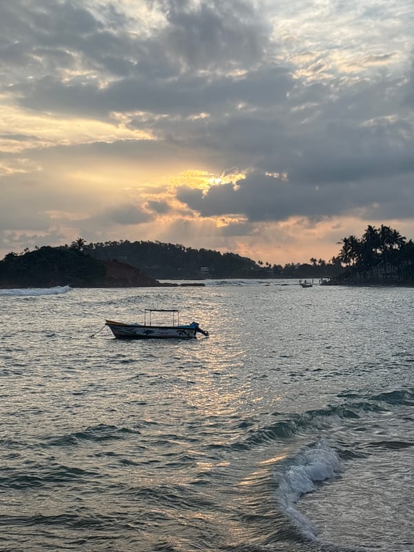 Sunset beach scene with child, dog captured in Thalaramba, Sri Lanka