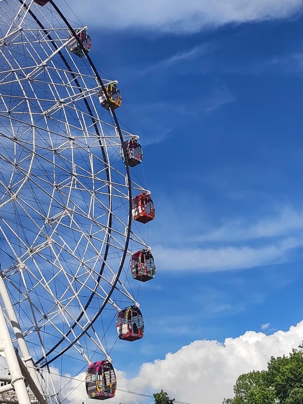 Ferris wheel, fountains, and park paths on a sunny afternoon