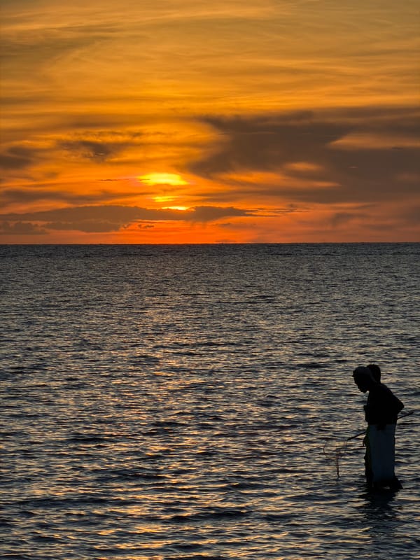 Choeng Mon beach at golden hour, palms and figures in the shallows