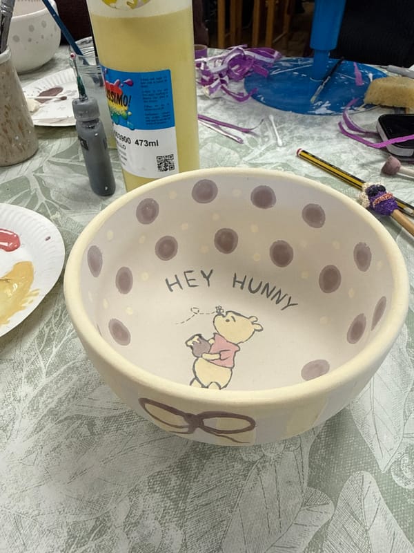 Winnie the Pooh bowl painting session documented in Tunbridge Wells