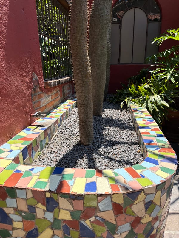 Garden features with mosaics and water displays documented in Puebla