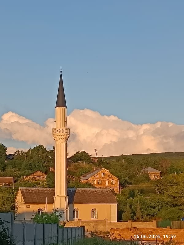 Minaret, birds, and roses from a Crimean rural settlement