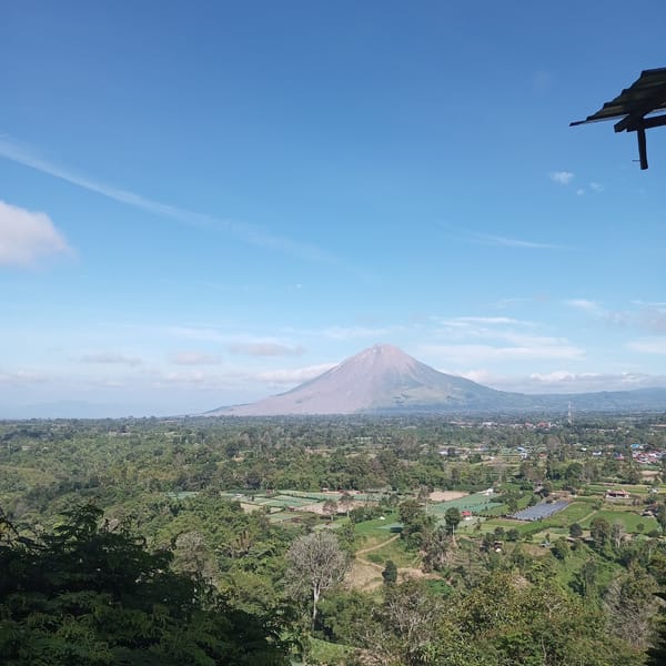Clear morning views over Berastagi's volcanic valley from Gundaling Hill