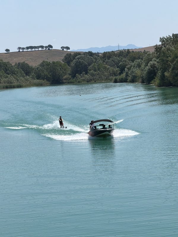 Water sports and a playful dog at a sunny Rome lakeside