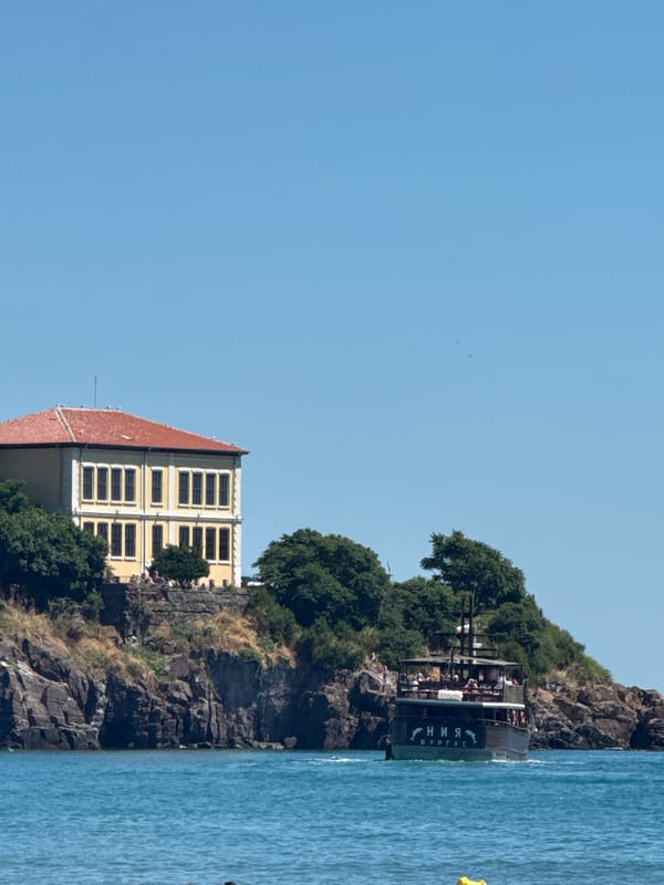 Paddleboarding and tourist boats on the Black Sea coast