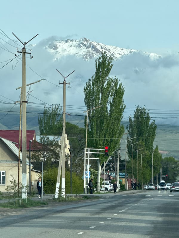 Overcast street scene documented in Karakol City, Kyrgyzstan