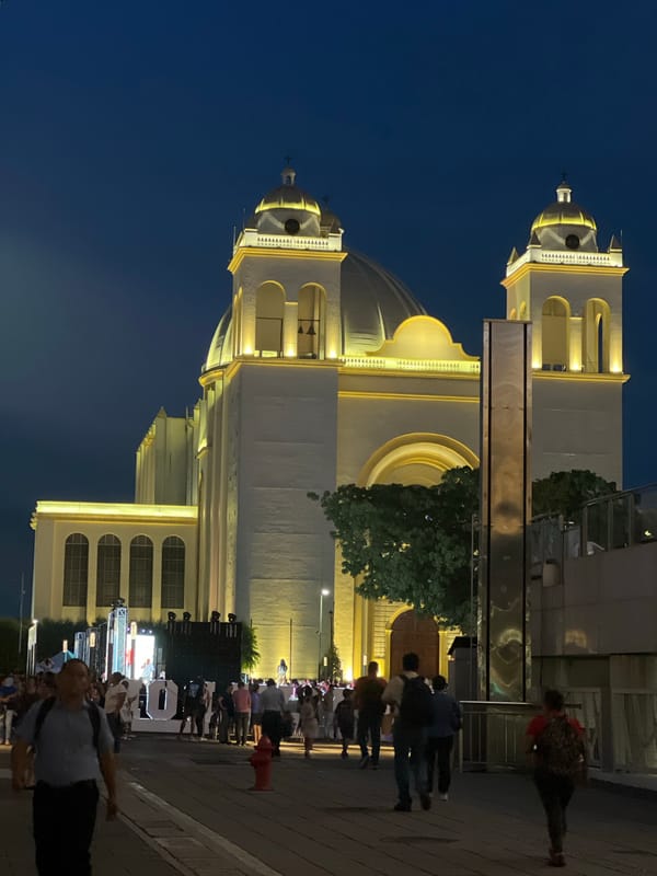 Full moon and cathedral illuminate late night in San Salvador