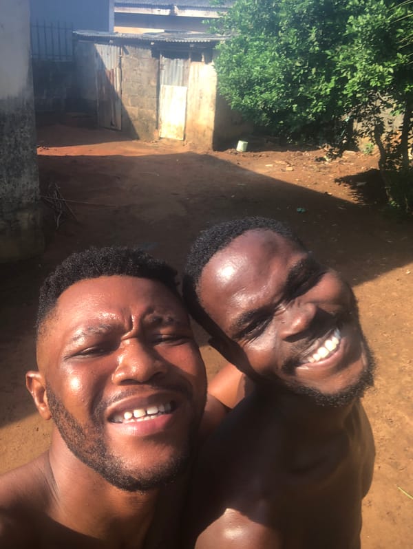 Men captured in joyful outdoor moments in tropical setting