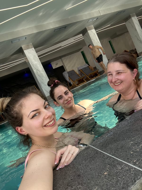 Women enjoy pool time in Sarnitsa, Bulgaria